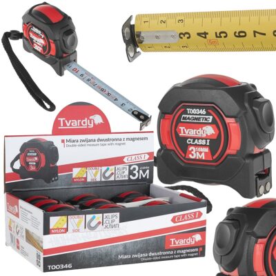 Kétoldalas nejlon mérőszalag mágnessel és csatolóval 3m/16mm CLASS I - display karton (12/120)