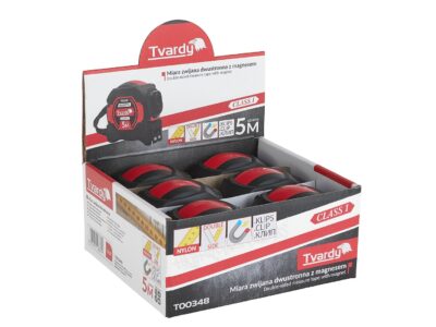 T00348 kep 2 Kétoldalas nejlon mérőszalag mágnessel és vonóhoroggal 5m/25mm CLASS I - display karton (6/60)