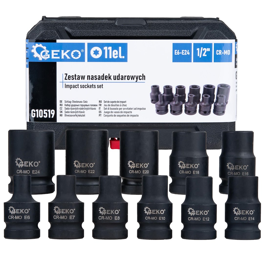 GEKO Torx ütvecsavarozó dugókulcs készlet 11db 1/2" E6-E24 CR-MO