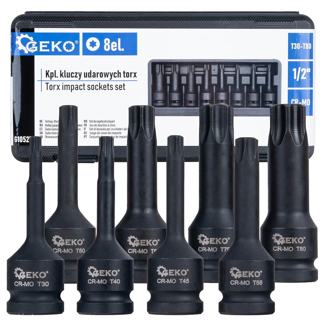 GEKO ütvecsavarozó Torx kulcs készlet 8db 1/2" T30-T80 CR-MO