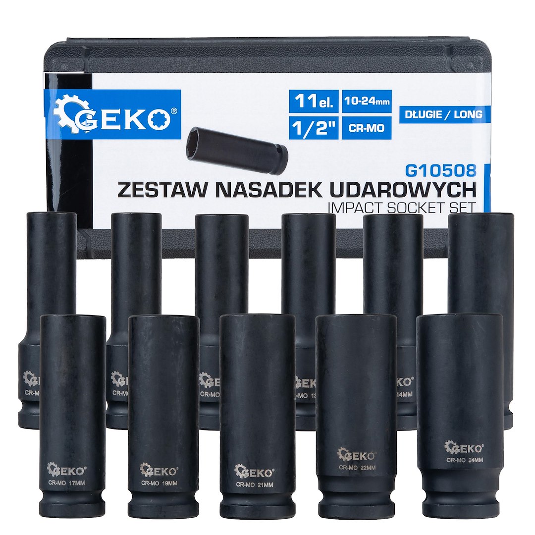 GEKO hosszú dugókulcs készlet 11 részes 1/2" 10-24mm CR-MO ütvecsavarozóhoz