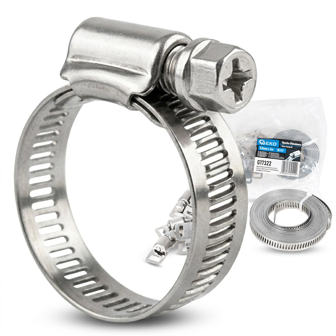 GEKO végtelenített tömlőbilincs szalag 8mm x 3m + 10 szorítózár készlet