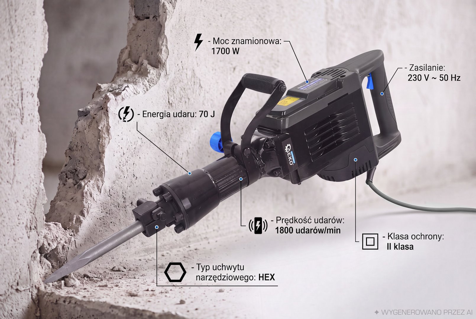 GEKO Bontókalapács 70J 1700W SDS-Max tartozékokkal