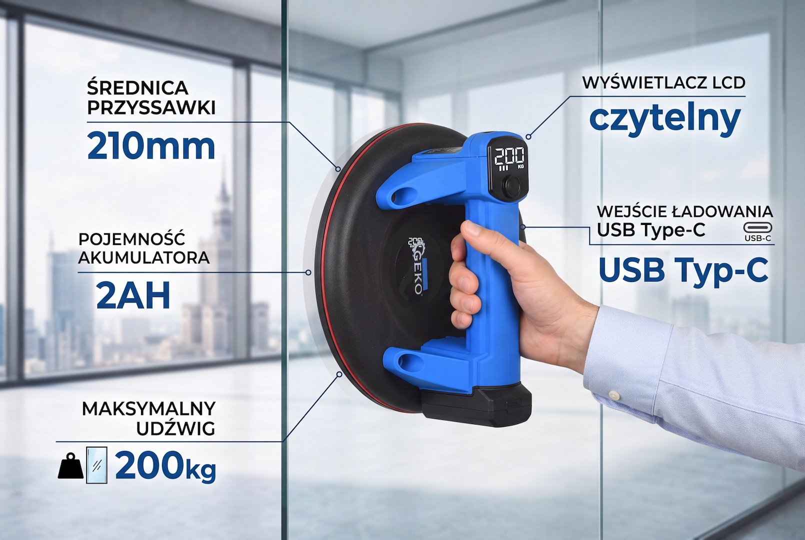 GEKO akkumulátoros vákuumos emelő 210mm 200kg 4.0Ah