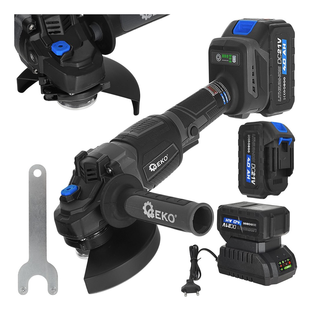 GEKO akkumulátoros sarokcsiszoló 125mm 950W 21V 2x4.0Ah