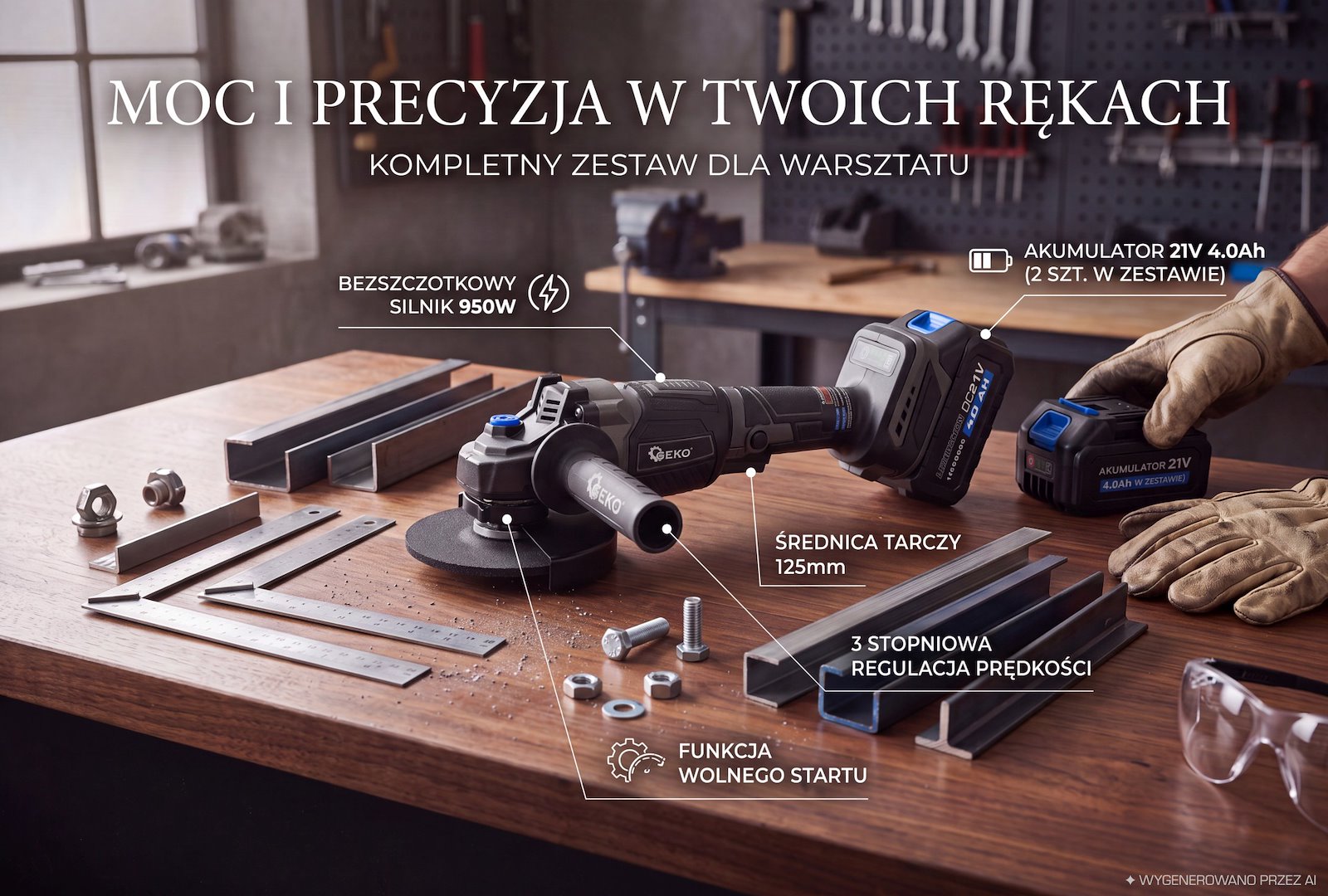 GEKO akkumulátoros sarokcsiszoló 125mm 950W 21V 2x4.0Ah
