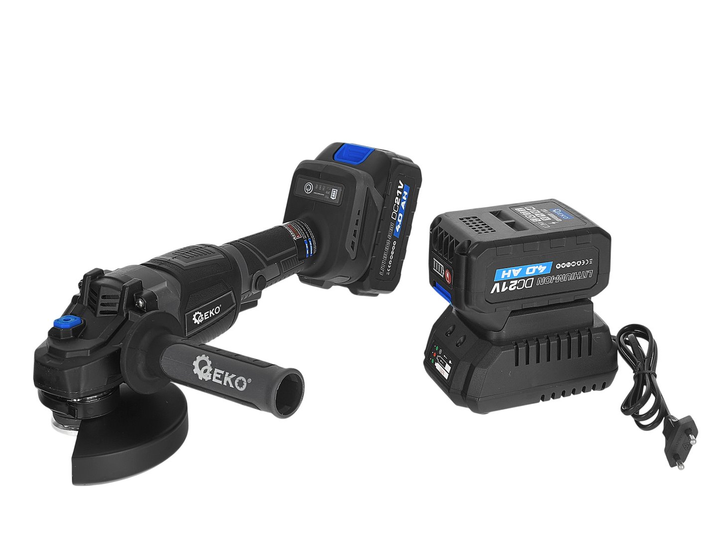 GEKO akkumulátoros sarokcsiszoló 125mm 950W 21V 2x4.0Ah