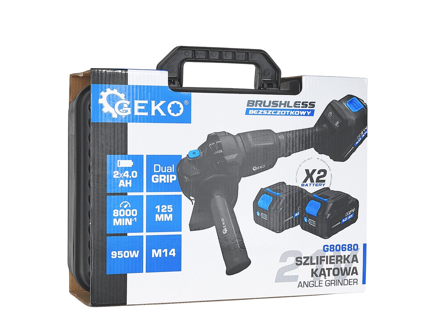 GEKO akkumulátoros sarokcsiszoló 125mm 950W 21V 2x4.0Ah