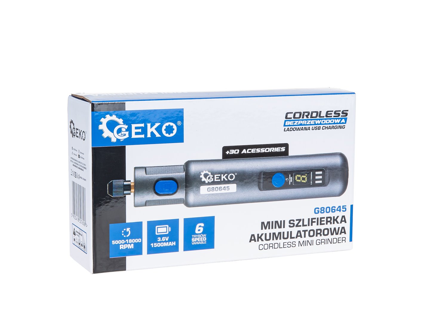 GEKO Mini akkus csiszoló 3,6V fordulatszám-szabályozással + 32 tartozék