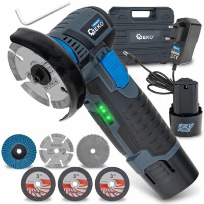GEKO akkumulátoros mini sarokcsiszoló 76mm szénkefementes 12V 2x2.0Ah