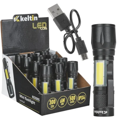 Mini - taktikai LED COB zseblámpa 10W 500mAh 500lm IPX5 - kartondobozban (12/96)